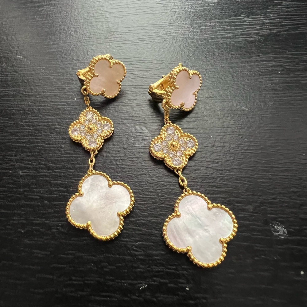Van Cleef & Arples look alike Gold and White Clover Drop Earrings